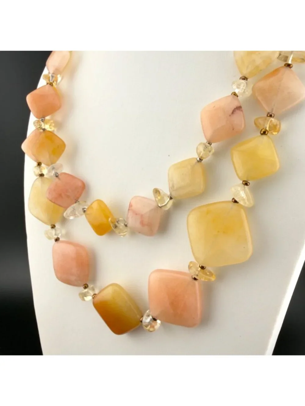 Natural Stone Beaded Necklace Double Strand Yellow Peach Sterling Silver Clasp